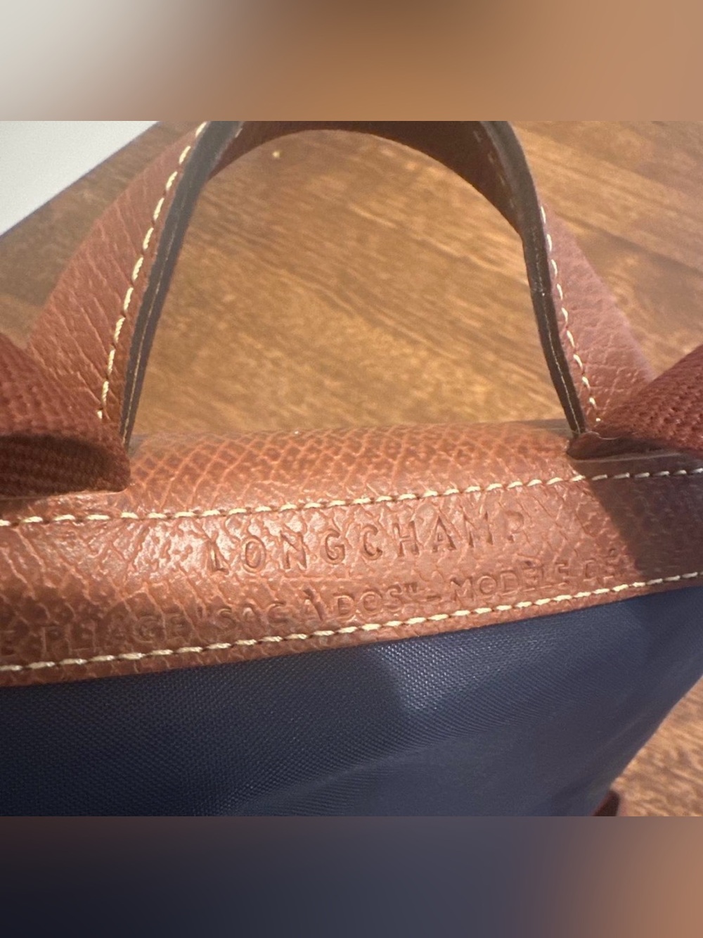 Longchamp Navy Blue Nylon Backpack with Brown Leather Trim - Picture 5 of 8